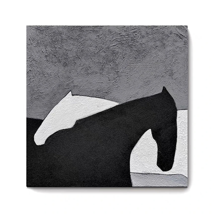 A black and white horse painting displayed on a wall above a modern dining set, featuring abstract elements with touches of grey, black, and white.