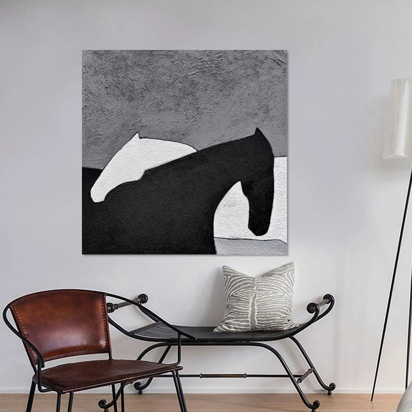 Black and White Horses Painting | Hand-Painted Artwork