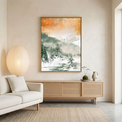 Misty Forest Mountain Framed Wall Art Canvas Print - Serene Nature Landscape Artwork