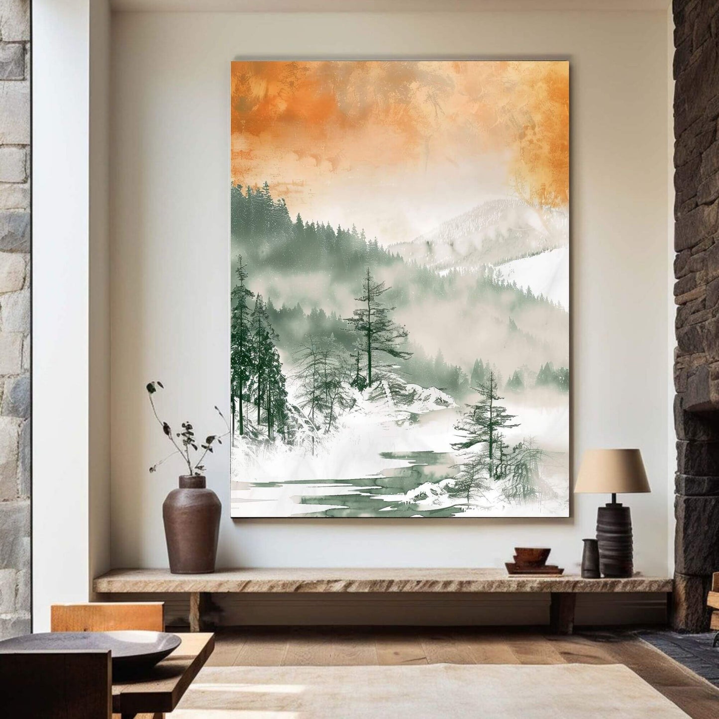 Misty Forest Mountain Framed Wall Art Canvas Print - Serene Nature Landscape Artwork