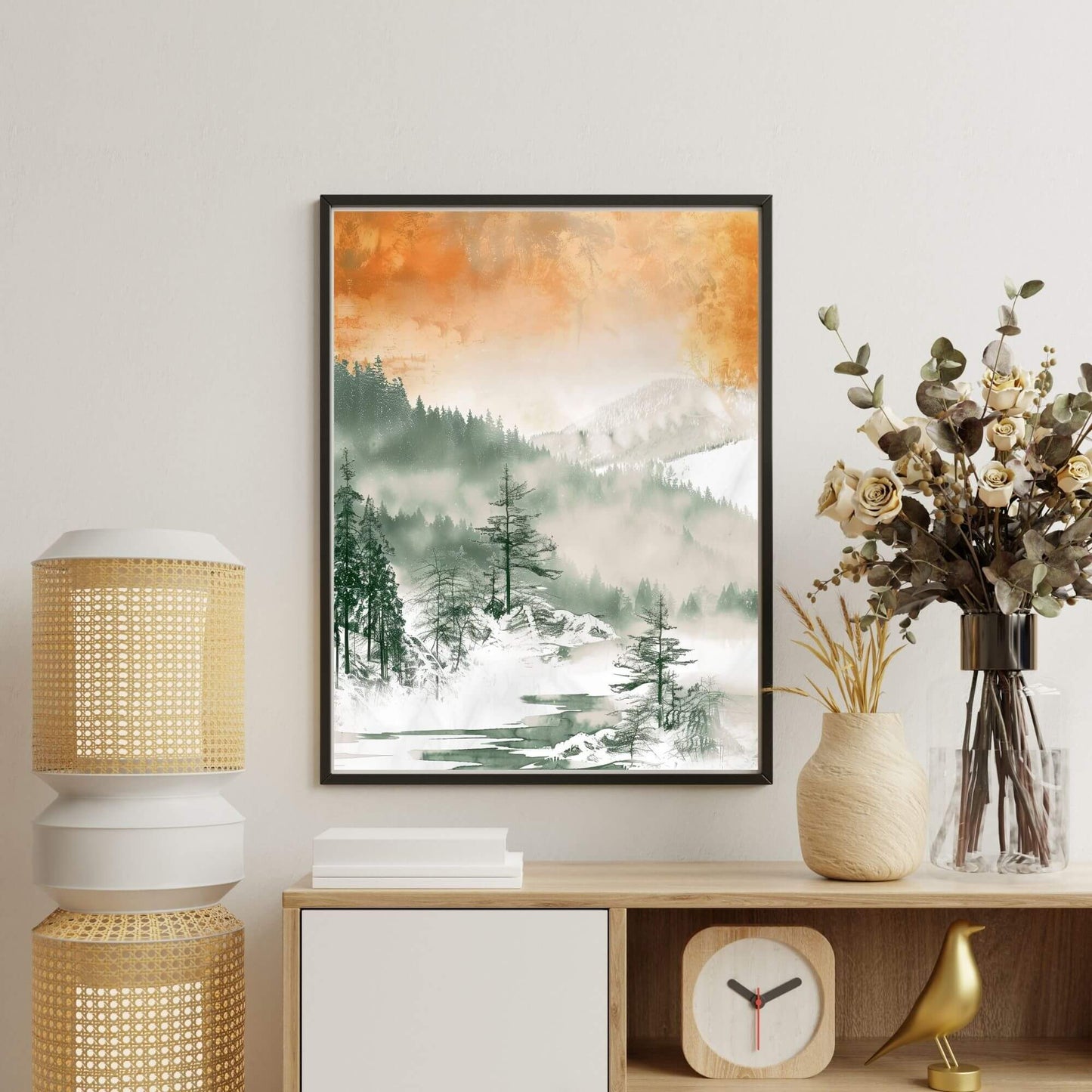 Misty Forest Mountain Framed Wall Art Canvas Print - Serene Nature Landscape Artwork