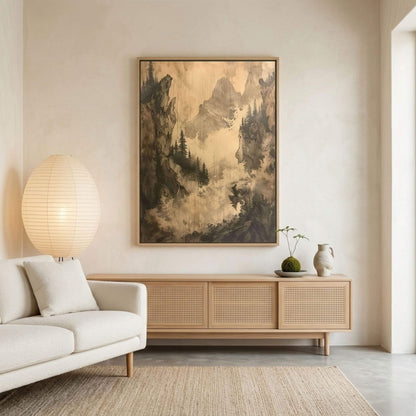 Misty Forest Mountain Monochrome Wall Art Canvas - Framed Vintage Landscape Wall Art