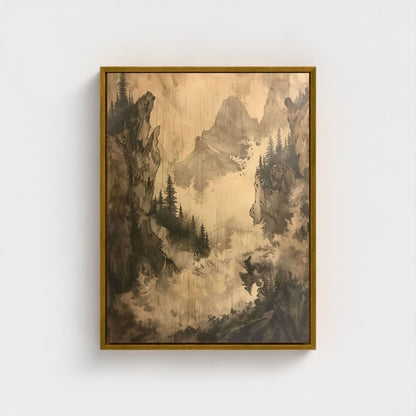 Misty Forest Mountain Monochrome Wall Art Canvas - Framed Vintage Landscape Wall Art