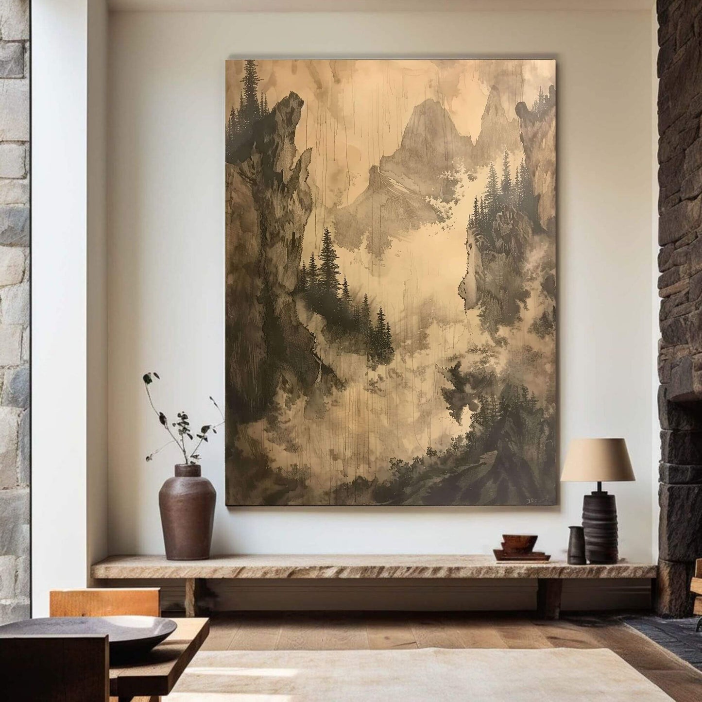 Misty Forest Mountain Monochrome Wall Art Canvas - Framed Vintage Landscape Wall Art