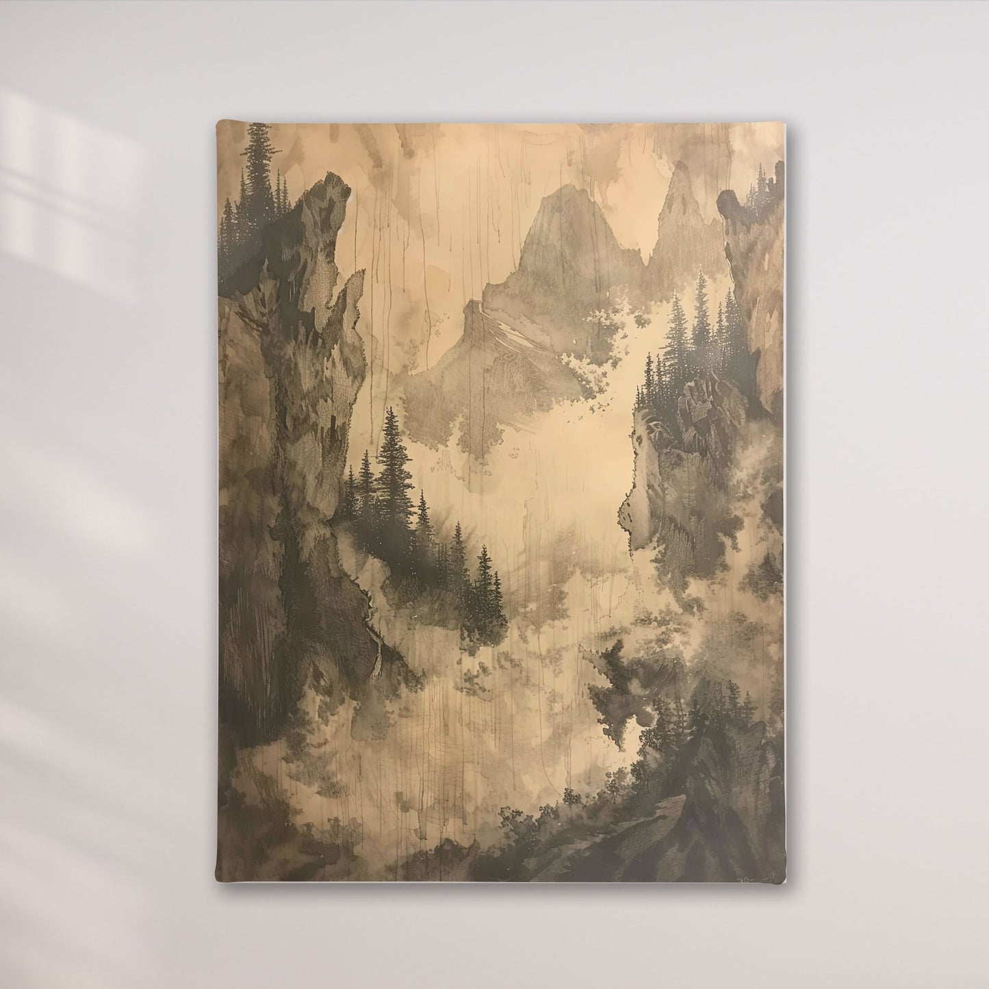 Misty Forest Mountain Monochrome Wall Art Canvas - Framed Vintage Landscape Wall Art