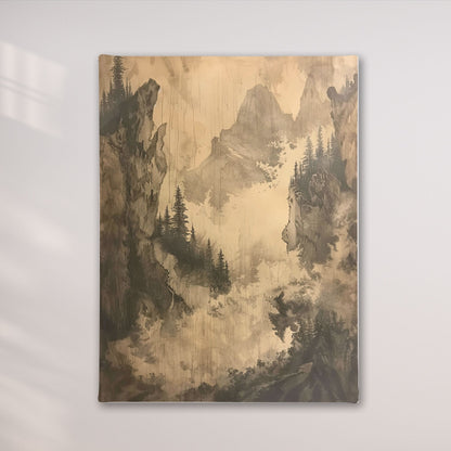 Misty Forest Mountain Monochrome Wall Art Canvas - Framed Vintage Landscape Wall Art