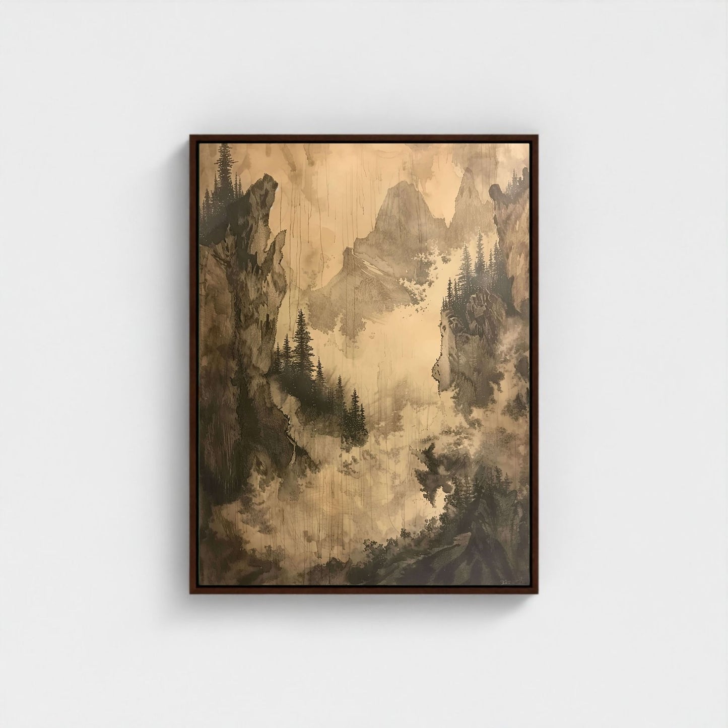 Misty Forest Mountain Monochrome Wall Art Canvas - Framed Vintage Landscape Wall Art