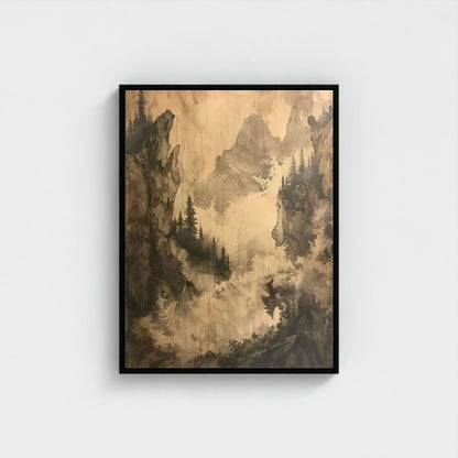 Misty Forest Mountain Monochrome Wall Art Canvas - Framed Vintage Landscape Wall Art