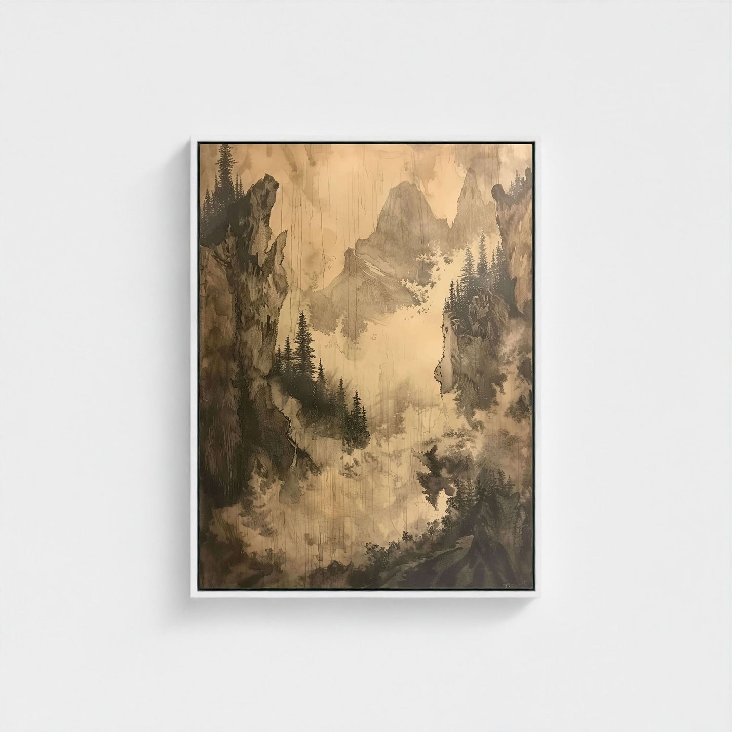 Misty Forest Mountain Monochrome Wall Art Canvas - Framed Vintage Landscape Wall Art