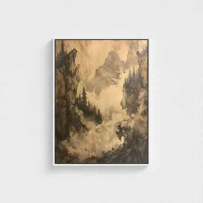 Misty Forest Mountain Monochrome Wall Art Canvas - Framed Vintage Landscape Wall Art