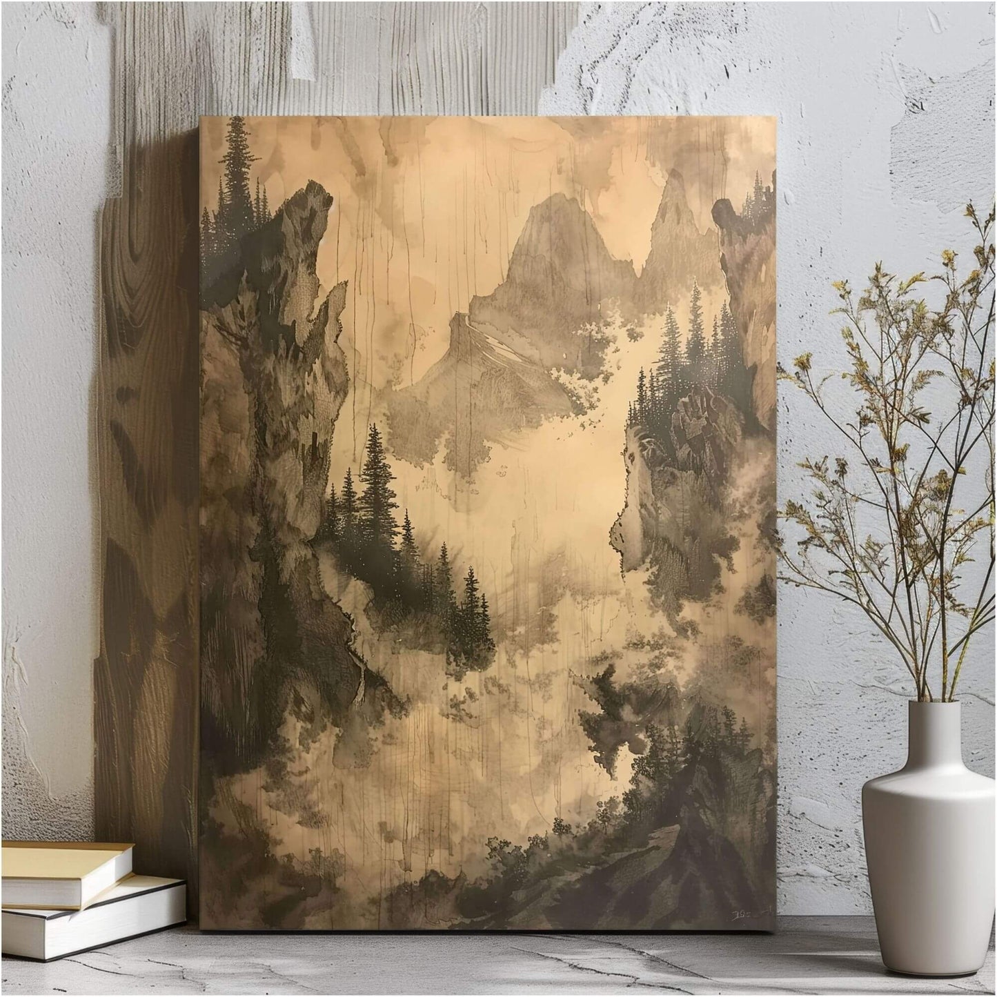 Misty Forest Mountain Monochrome Wall Art Canvas - Framed Vintage Landscape Wall Art