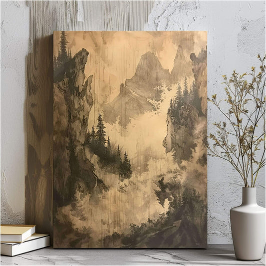 Misty Forest Mountain Monochrome Wall Art Canvas - Framed Vintage Landscape Wall Art