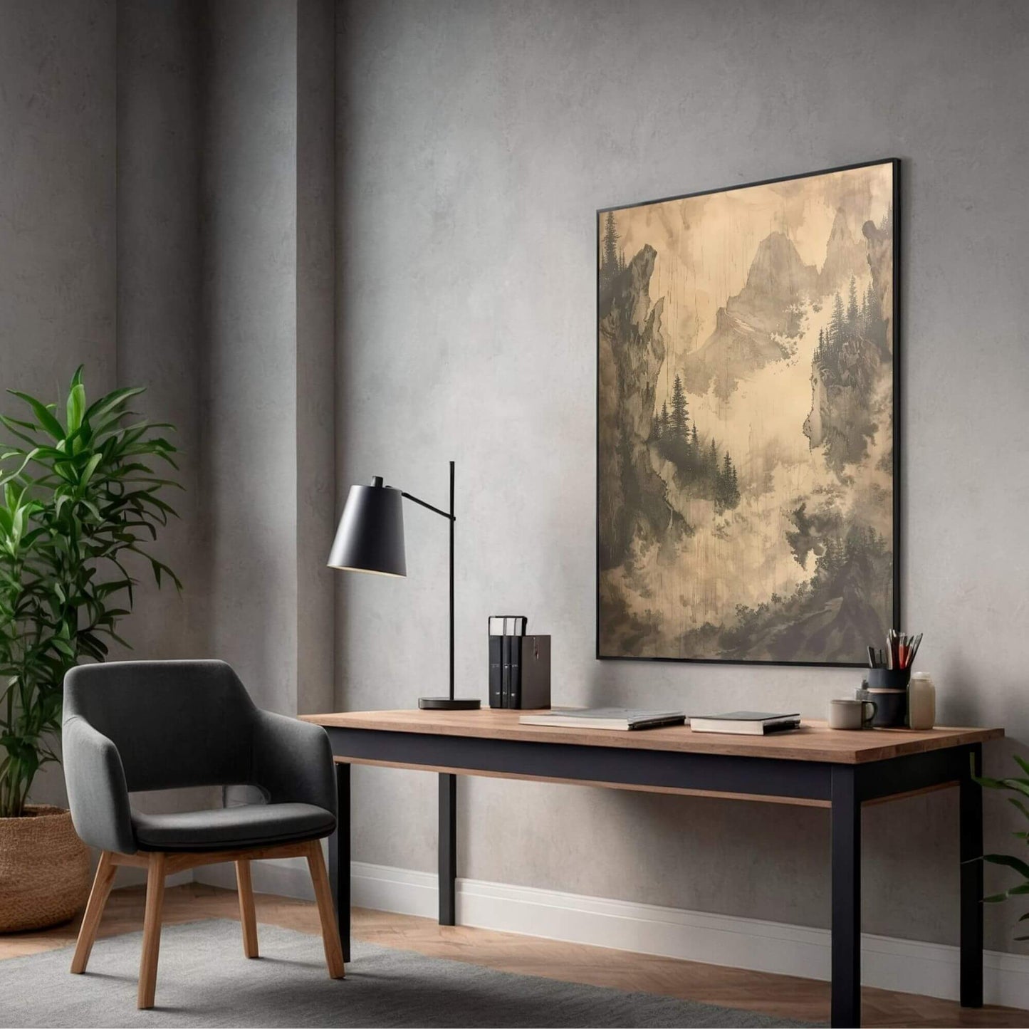 Misty Forest Mountain Monochrome Wall Art Canvas - Framed Vintage Landscape Wall Art