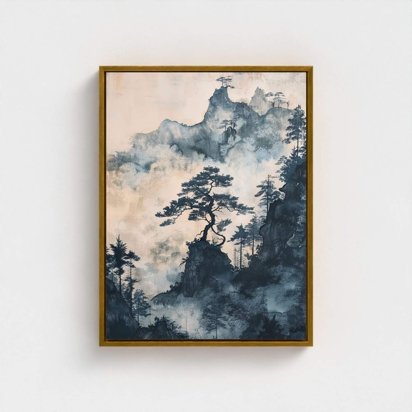 Misty Pine Mountain Framed Wall Art Canvas Print - Asian Nature Landscape Artwork