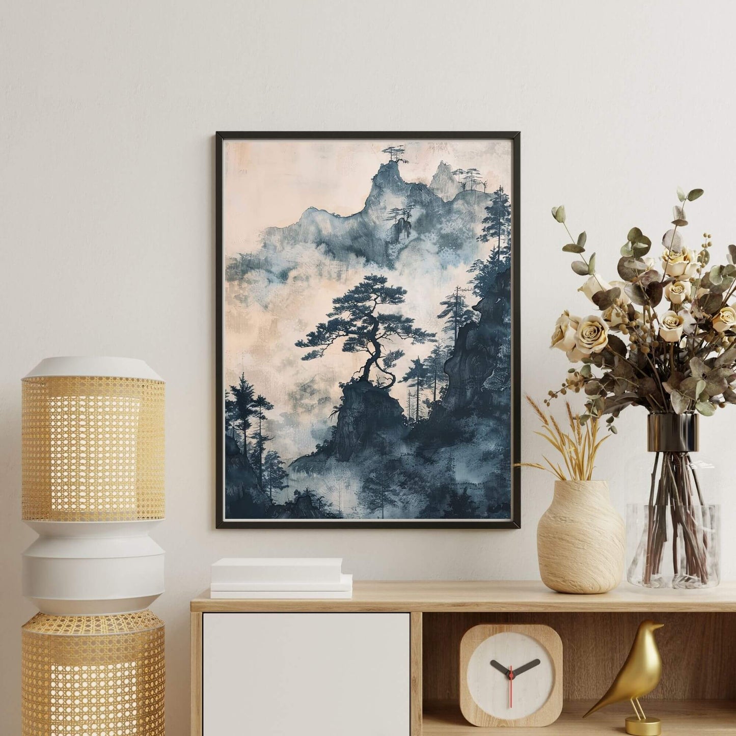 Misty Pine Mountain Framed Wall Art Canvas Print - Asian Nature Landscape Artwork