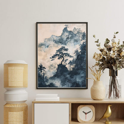 Misty Pine Mountain Framed Wall Art Canvas Print - Asian Nature Landscape Artwork