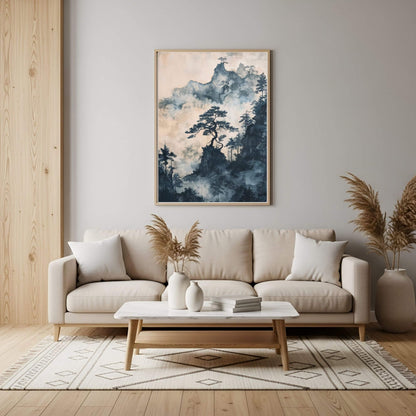 Misty Pine Mountain Framed Wall Art Canvas Print - Asian Nature Landscape Artwork