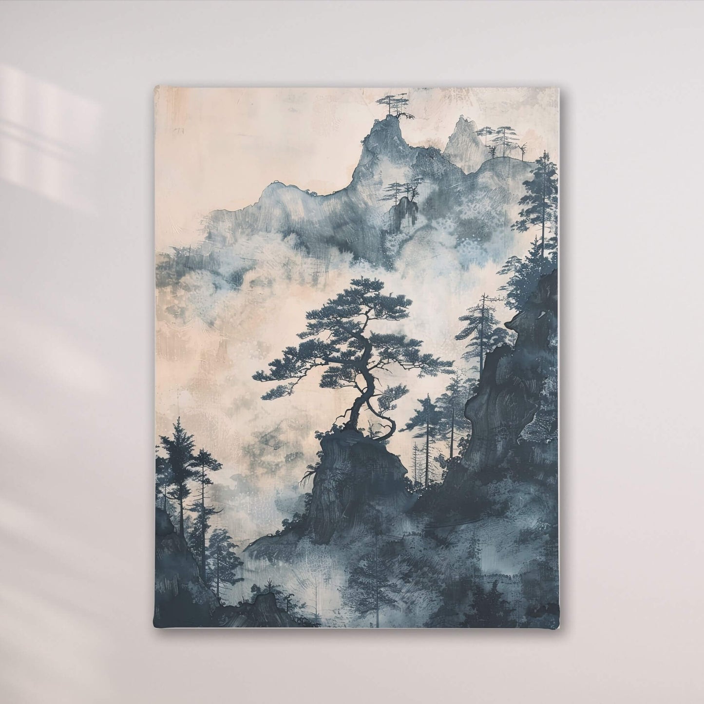 Misty Pine Mountain Framed Wall Art Canvas Print - Asian Nature Landscape Artwork