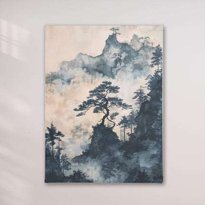 Misty Pine Mountain Framed Wall Art Canvas Print - Asian Nature Landscape Artwork