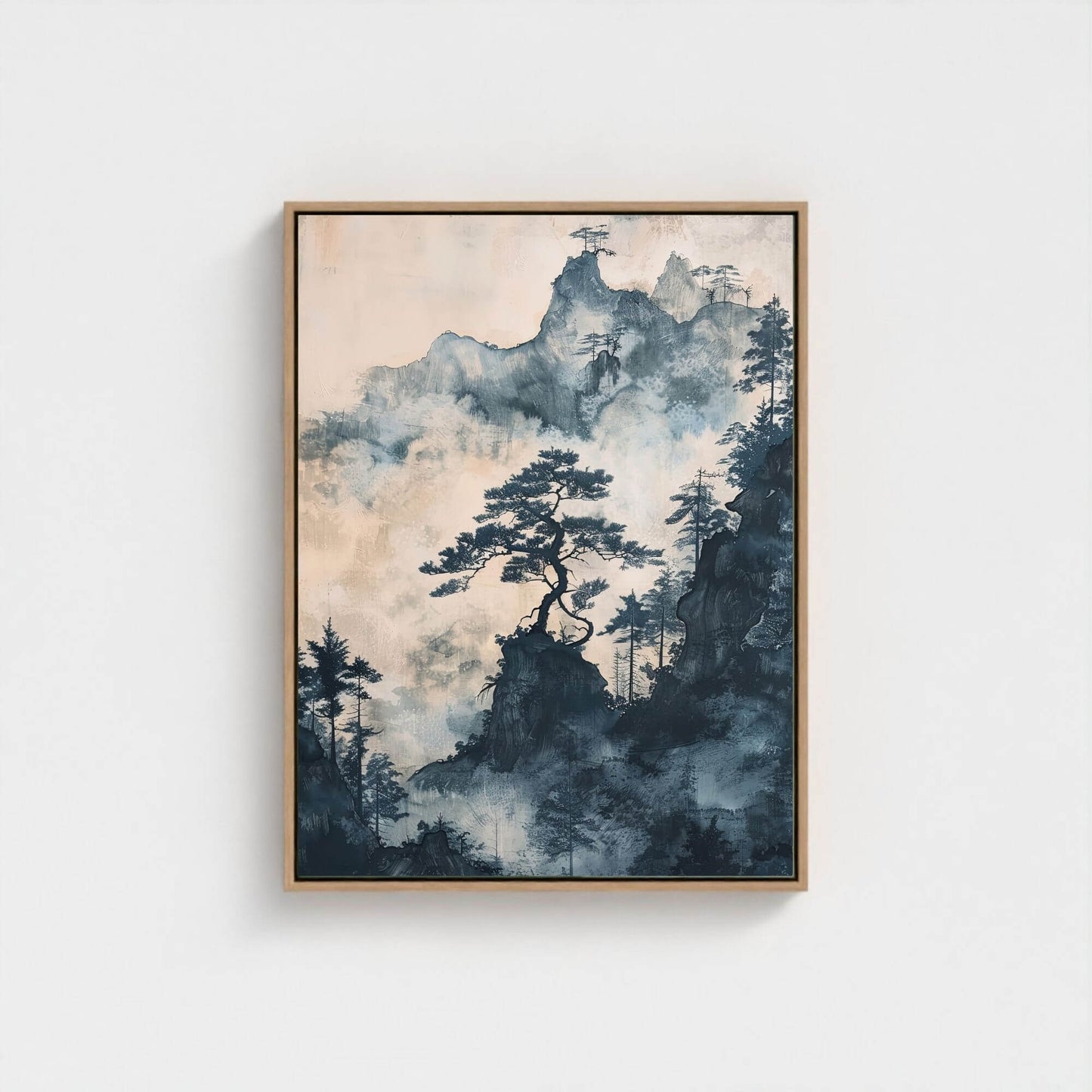 Misty Pine Mountain Framed Wall Art Canvas Print - Asian Nature Landscape Artwork