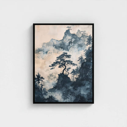 Misty Pine Mountain Framed Wall Art Canvas Print - Asian Nature Landscape Artwork