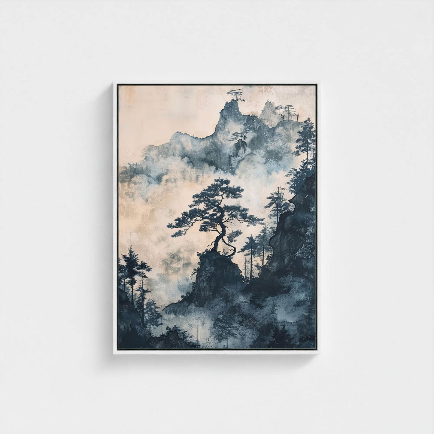 Misty Pine Mountain Framed Wall Art Canvas Print - Asian Nature Landscape Artwork