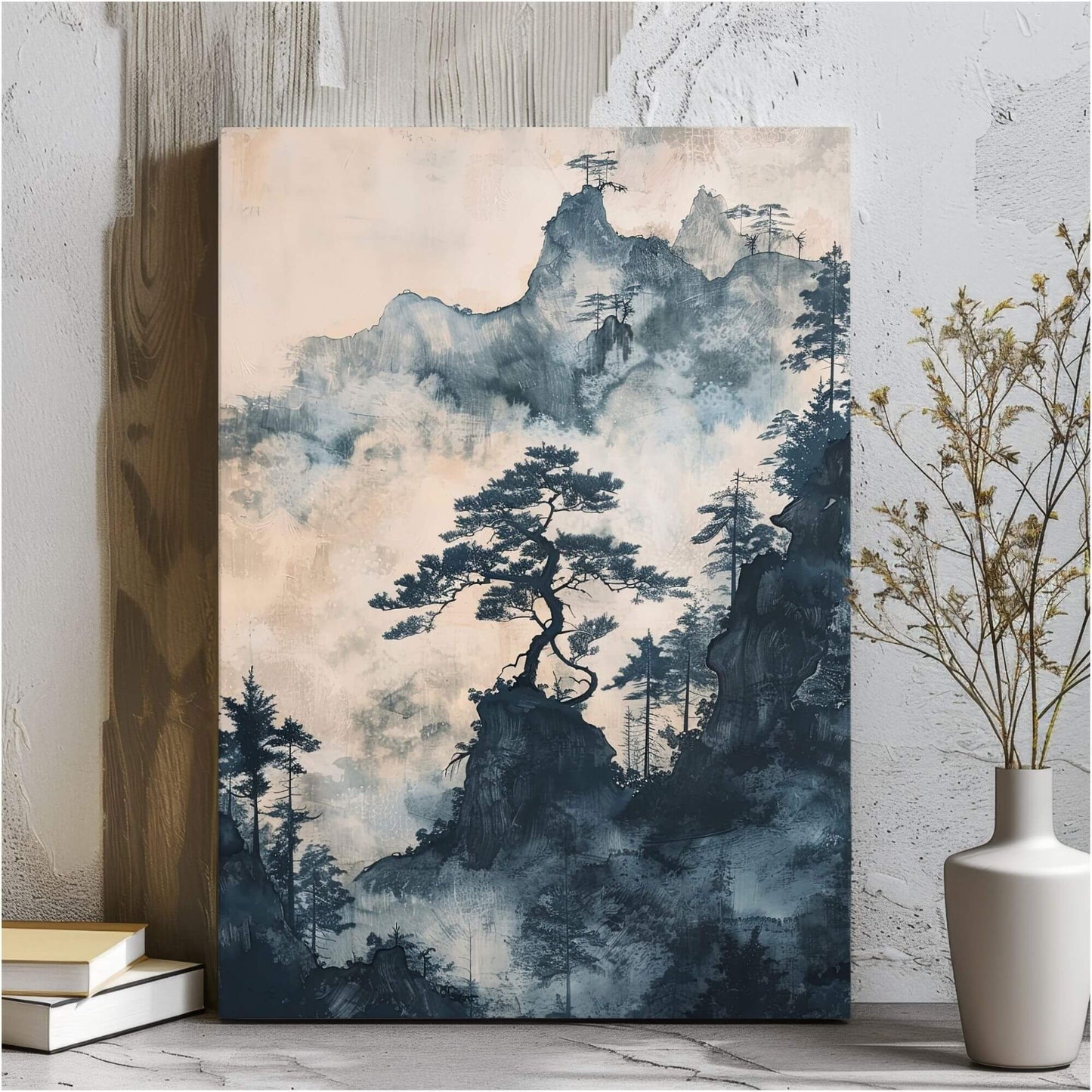 Misty Pine Mountain Framed Wall Art Canvas Print - Asian Nature Landscape Artwork