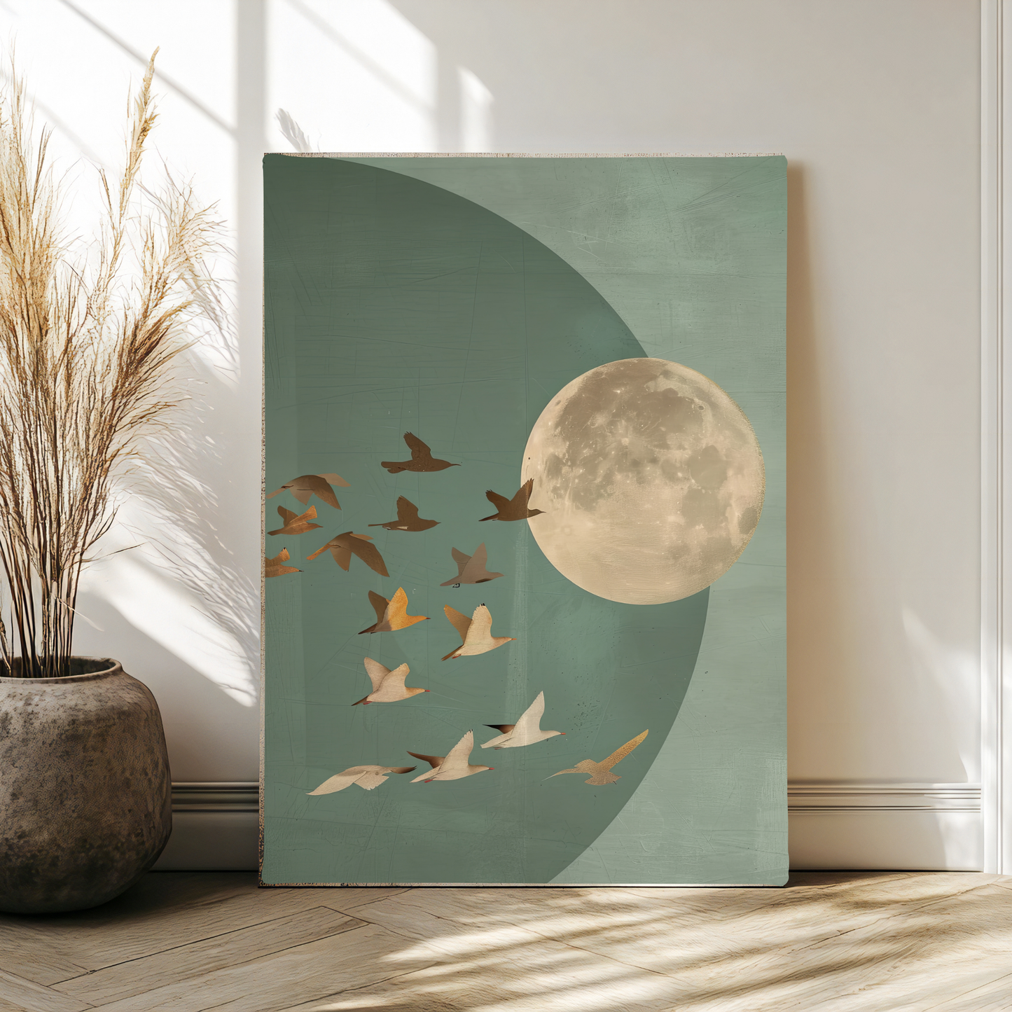 Canvas print with birds and a moon on a green background, placed on a wooden floor.