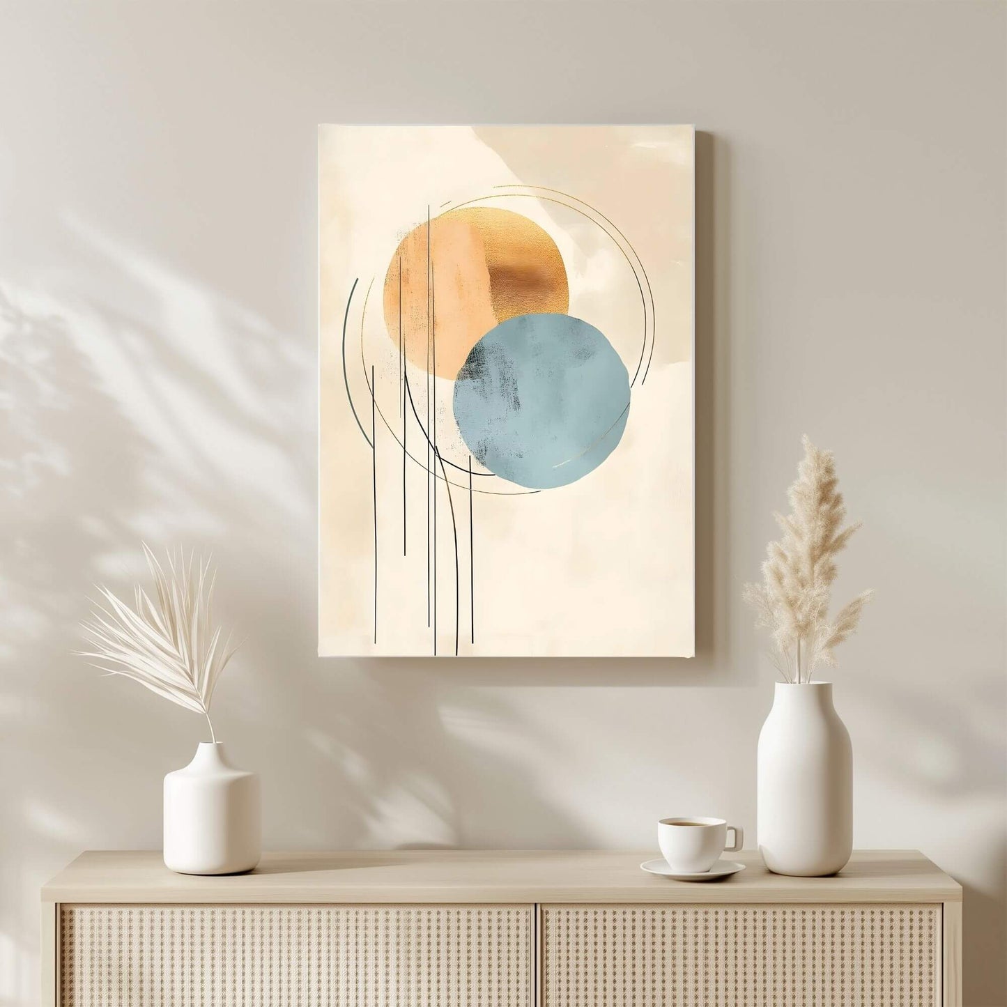 Modern Abstract Beige Blue Circles Wall Art Canvas - Framed Neutral Geometric Wall Art