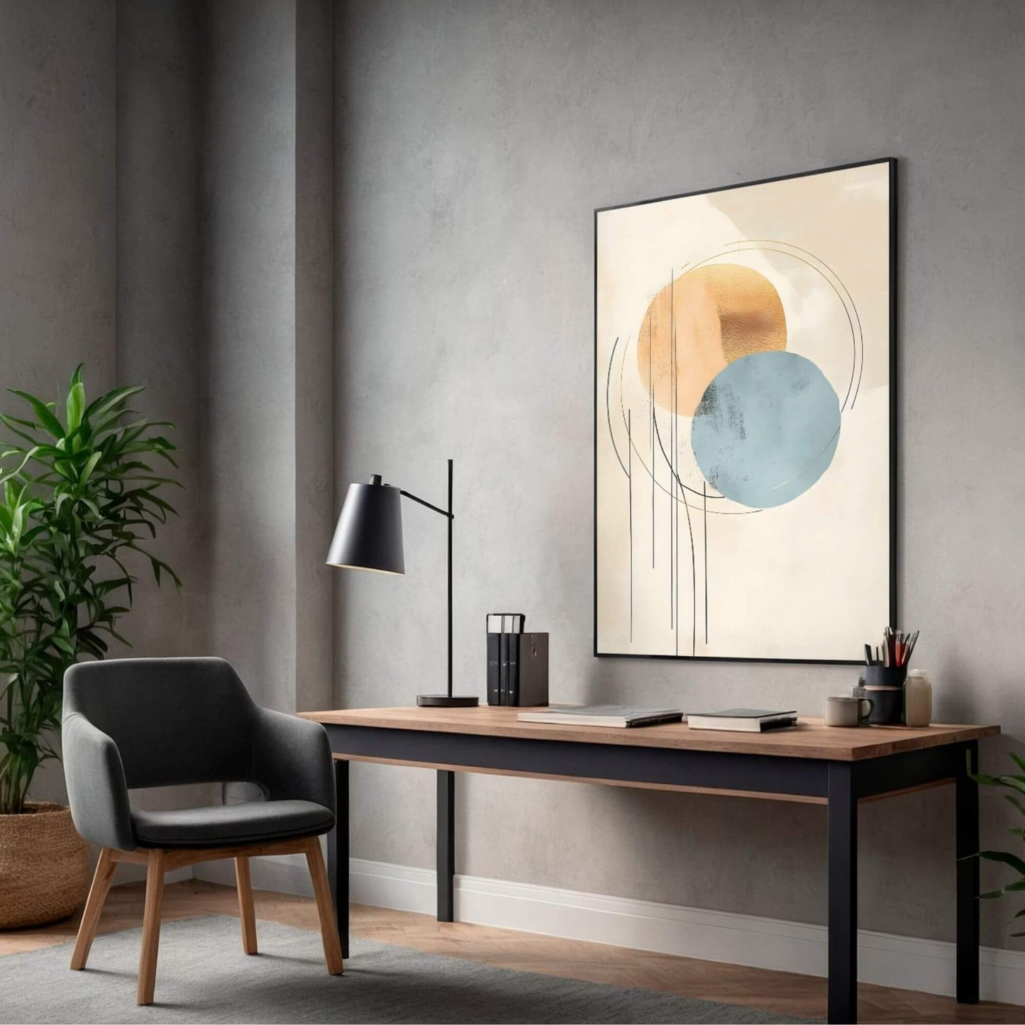 Modern Abstract Beige Blue Circles Wall Art Canvas - Framed Neutral Geometric Wall Art