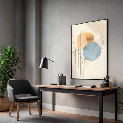 Modern Abstract Beige Blue Circles Wall Art Canvas - Framed Neutral Geometric Wall Art