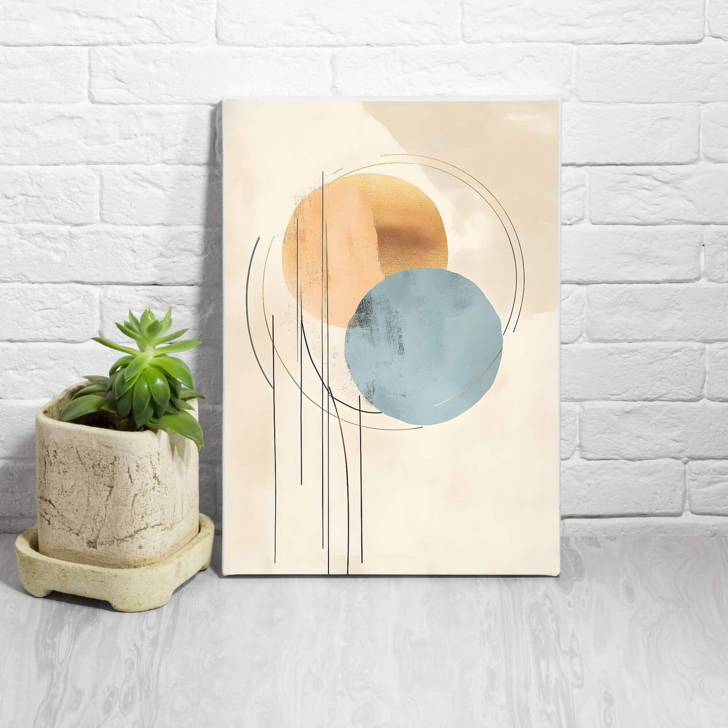 Modern Abstract Beige Blue Circles Wall Art Canvas - Framed Neutral Geometric Wall Art