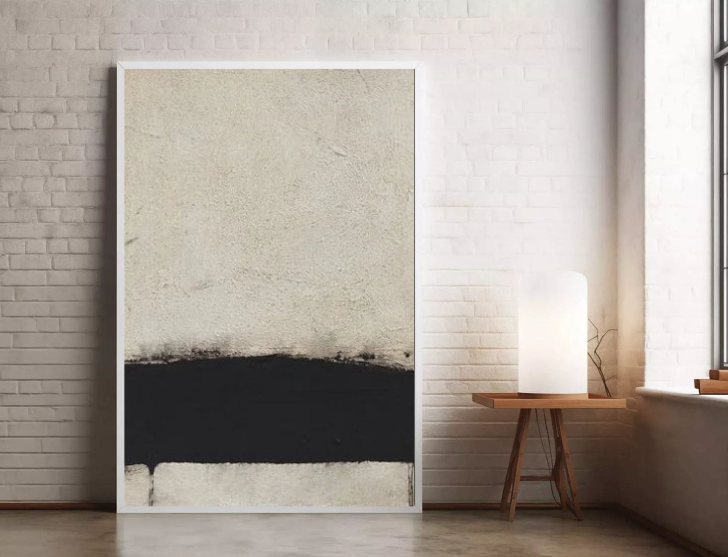 Modern Abstract Hand Painted Beige Black Wall Art | Minimalist Pastel Acrylic Painting On Canvas For Living Room Bedroom Decor