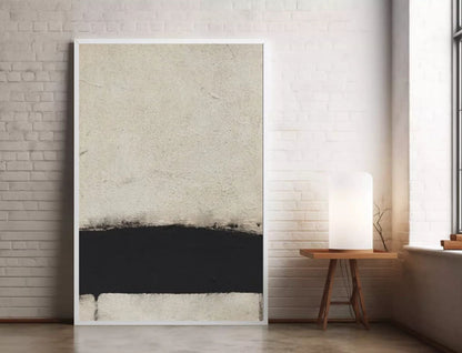 Modern Abstract Hand Painted Beige Black Wall Art | Minimalist Pastel Acrylic Painting On Canvas For Living Room Bedroom Decor