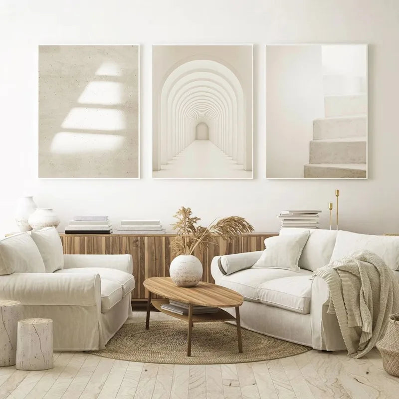Modern Architectural Abstract Beige Wall Art Canvas Print Minimalist Geometric Poster for Living Room Bedroom Decor