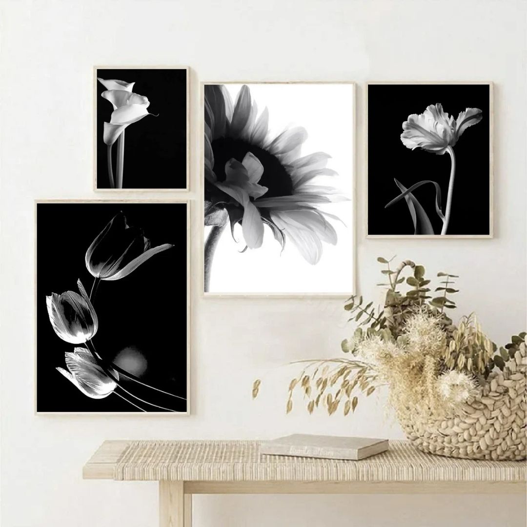 Modern Black and White Flower Minimalist Wall Art Canvas Print Botanical Poster for Living Room Bedroom Decor