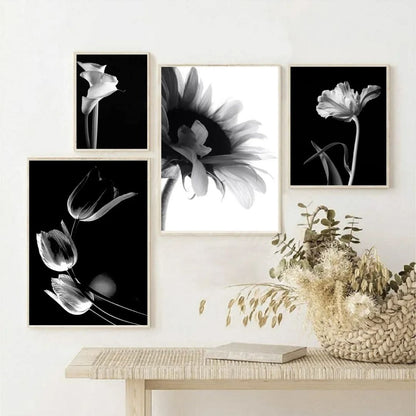 Modern Black and White Flower Minimalist Wall Art Canvas Print Botanical Poster for Living Room Bedroom Decor