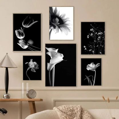 Modern Black and White Flower Minimalist Wall Art Canvas Print Botanical Poster for Living Room Bedroom Decor