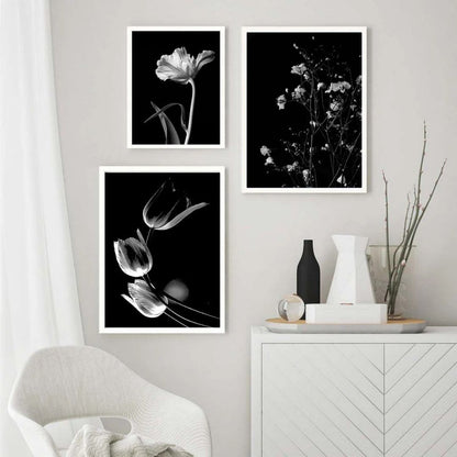 Modern Black and White Flower Minimalist Wall Art Canvas Print Botanical Poster for Living Room Bedroom Decor
