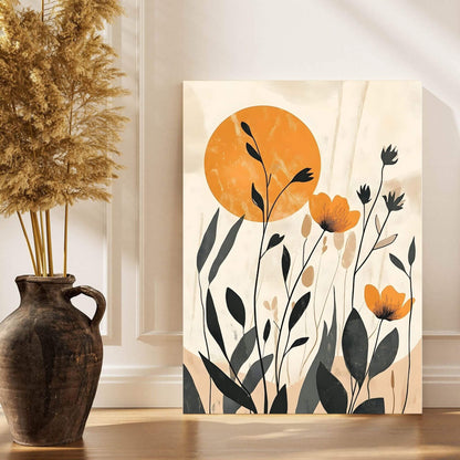 Modern Botanical Sun Framed Wall Art Canvas Print - Floral Nature Artwork for Bedroom