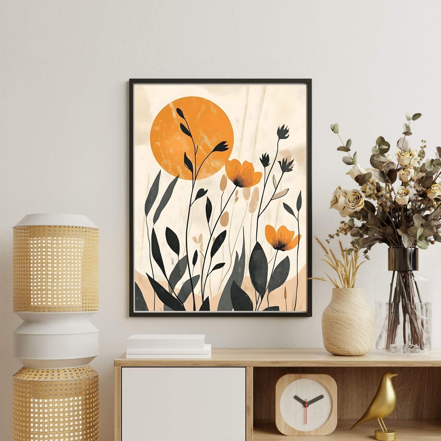 Modern Botanical Sun Framed Wall Art Canvas Print - Floral Nature Artwork for Bedroom
