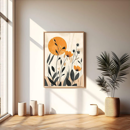 Modern Botanical Sun Framed Wall Art Canvas Print - Floral Nature Artwork for Bedroom