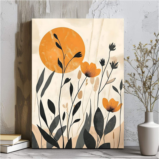Modern Botanical Sun Framed Wall Art Canvas Print - Floral Nature Artwork for Bedroom