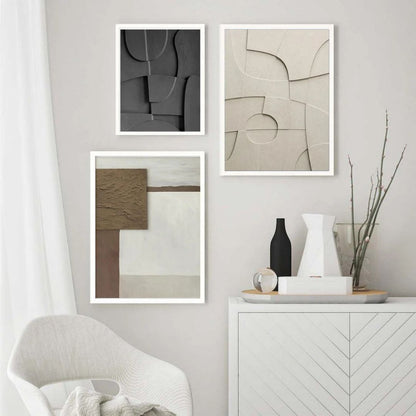 Modern Geometric 3D Effect Beige Brown Black Wabi Sabi Wall Art Canvas Print For Scandinavian Living Room Hallway Home Office Decor