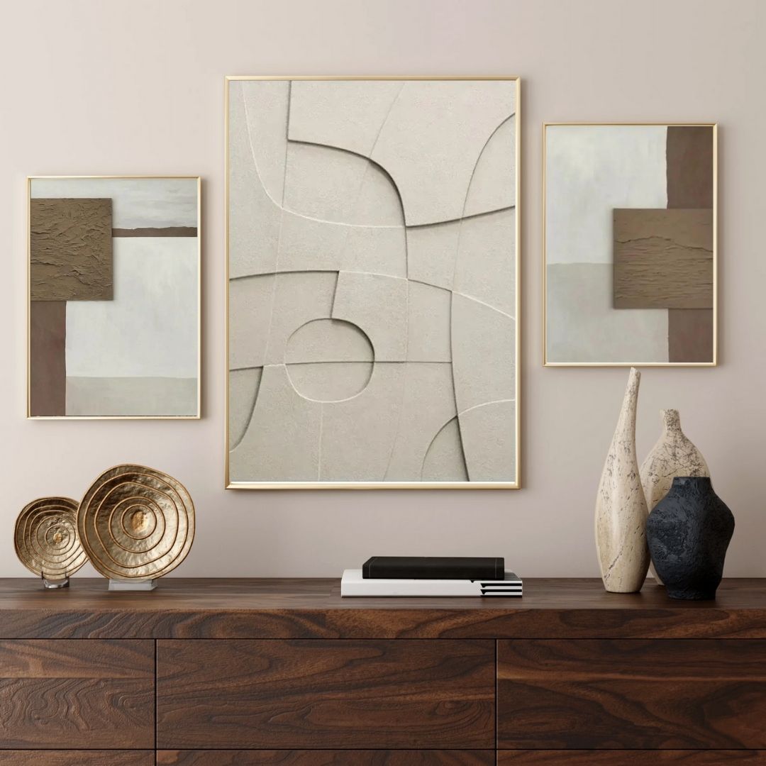 Modern Geometric 3D Effect Beige Brown Black Wabi Sabi Wall Art Canvas Print For Scandinavian Living Room Hallway Home Office Decor