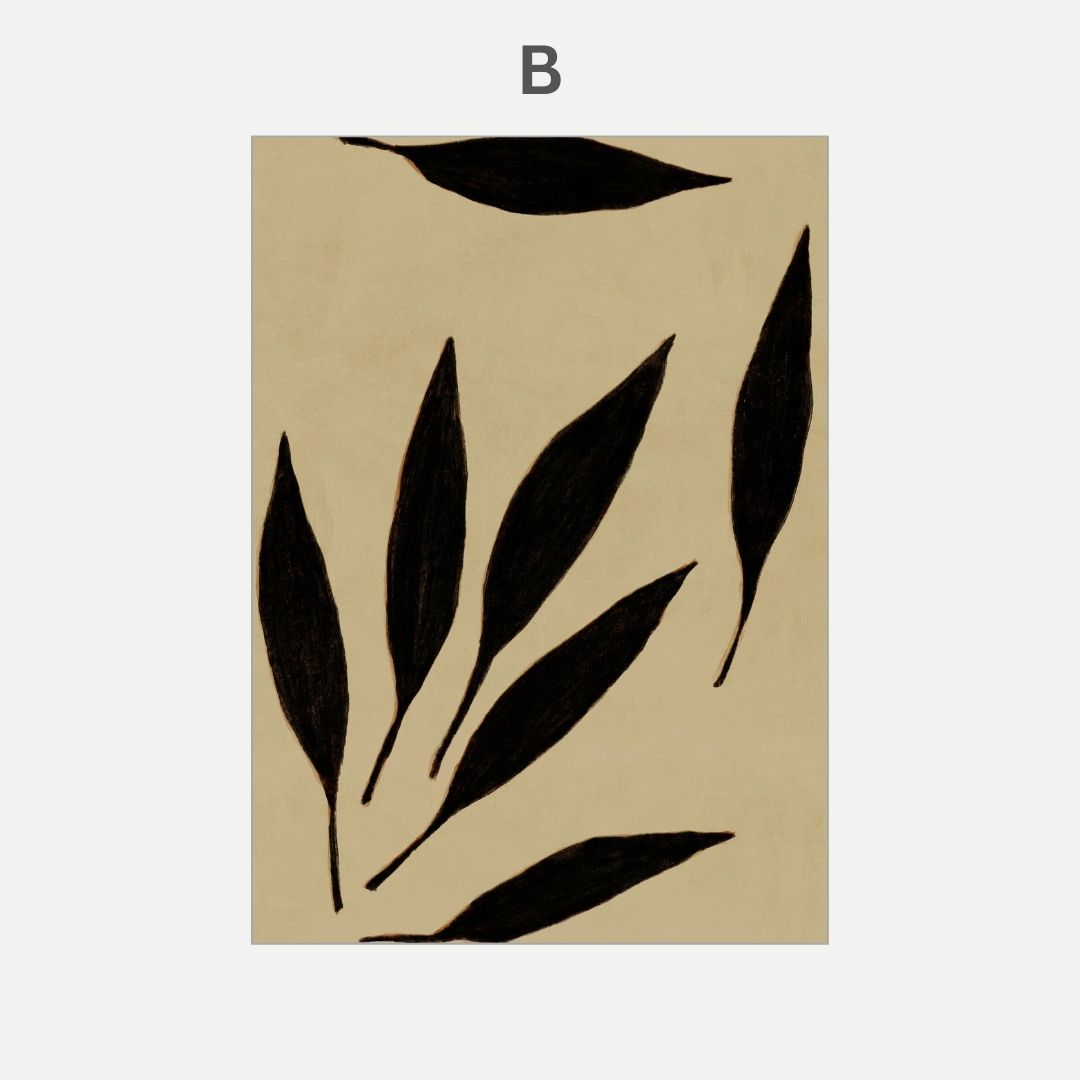 Beige background with black leaf-like shapes