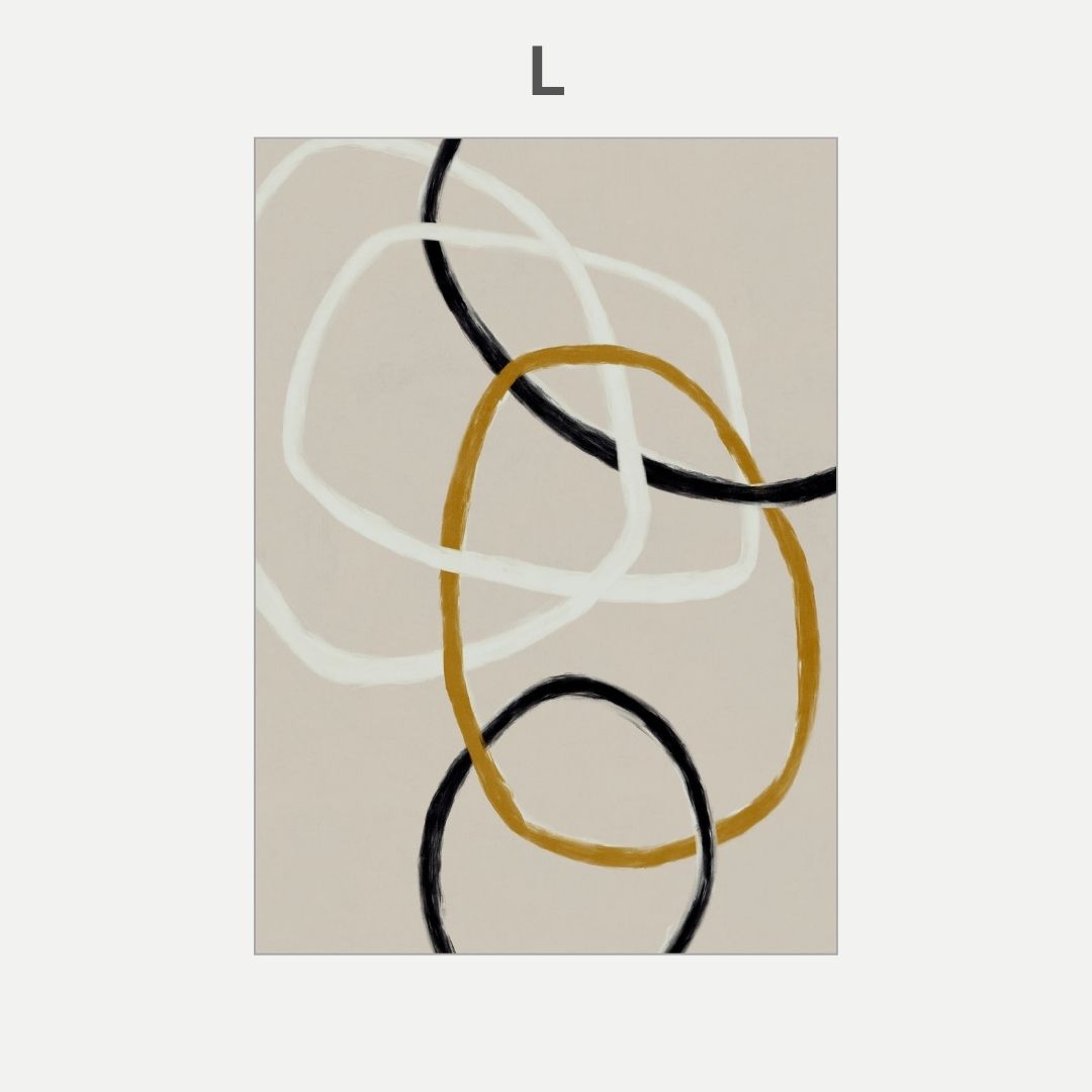 Abstract design with black, white, and gold circles on a beige background