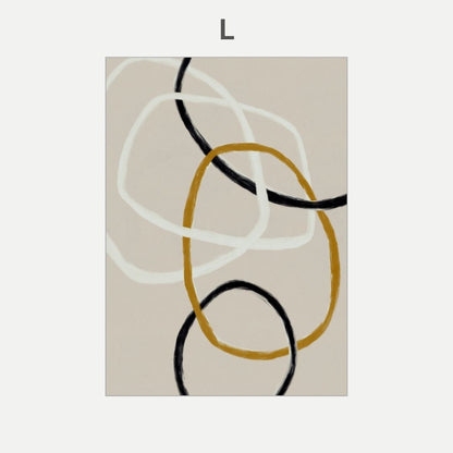 Abstract design with black, white, and gold circles on a beige background