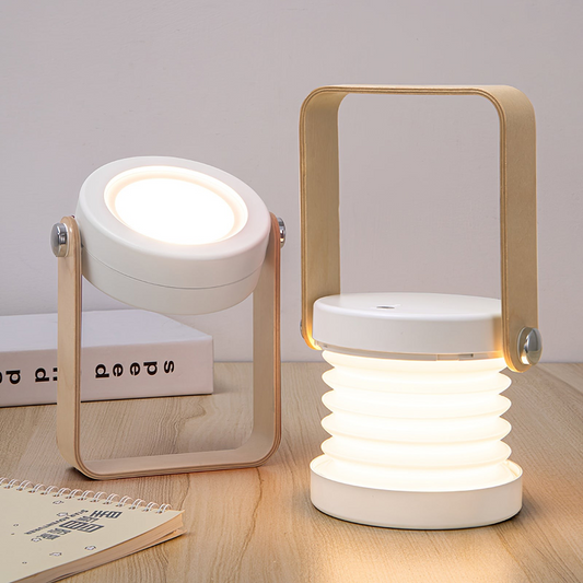 Two portable lamps with wooden handles on a light wooden surface.
