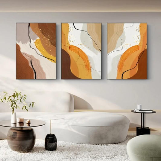 Modern Abstract Beige Brown Orange Color Block Wall Art Canvas Prints Abstract Golden Pictures For Contemporary Living Room Bedroom Art Décor